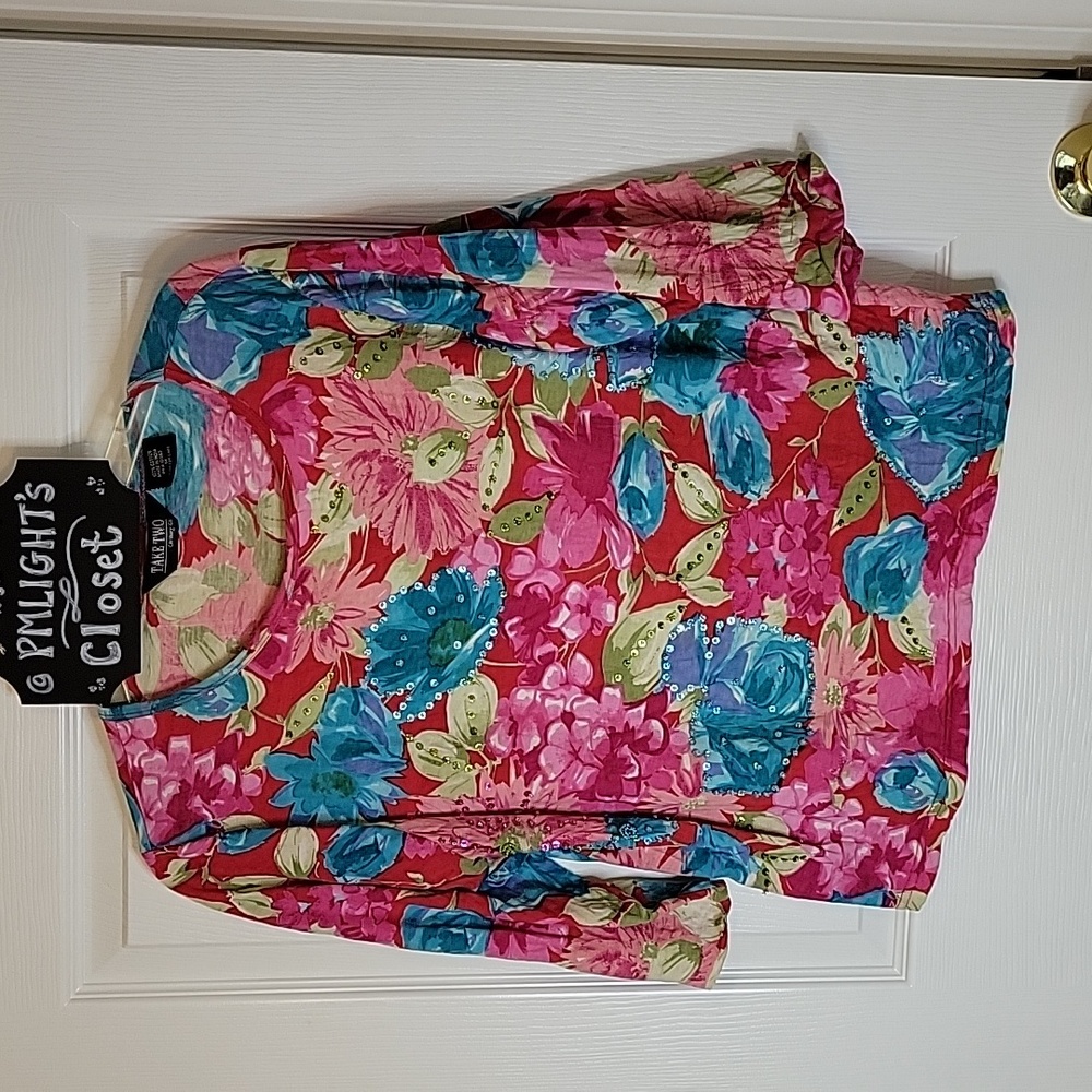 Take Two Clothing Co Beaded Blouse Medium Pink Blue Lime Green